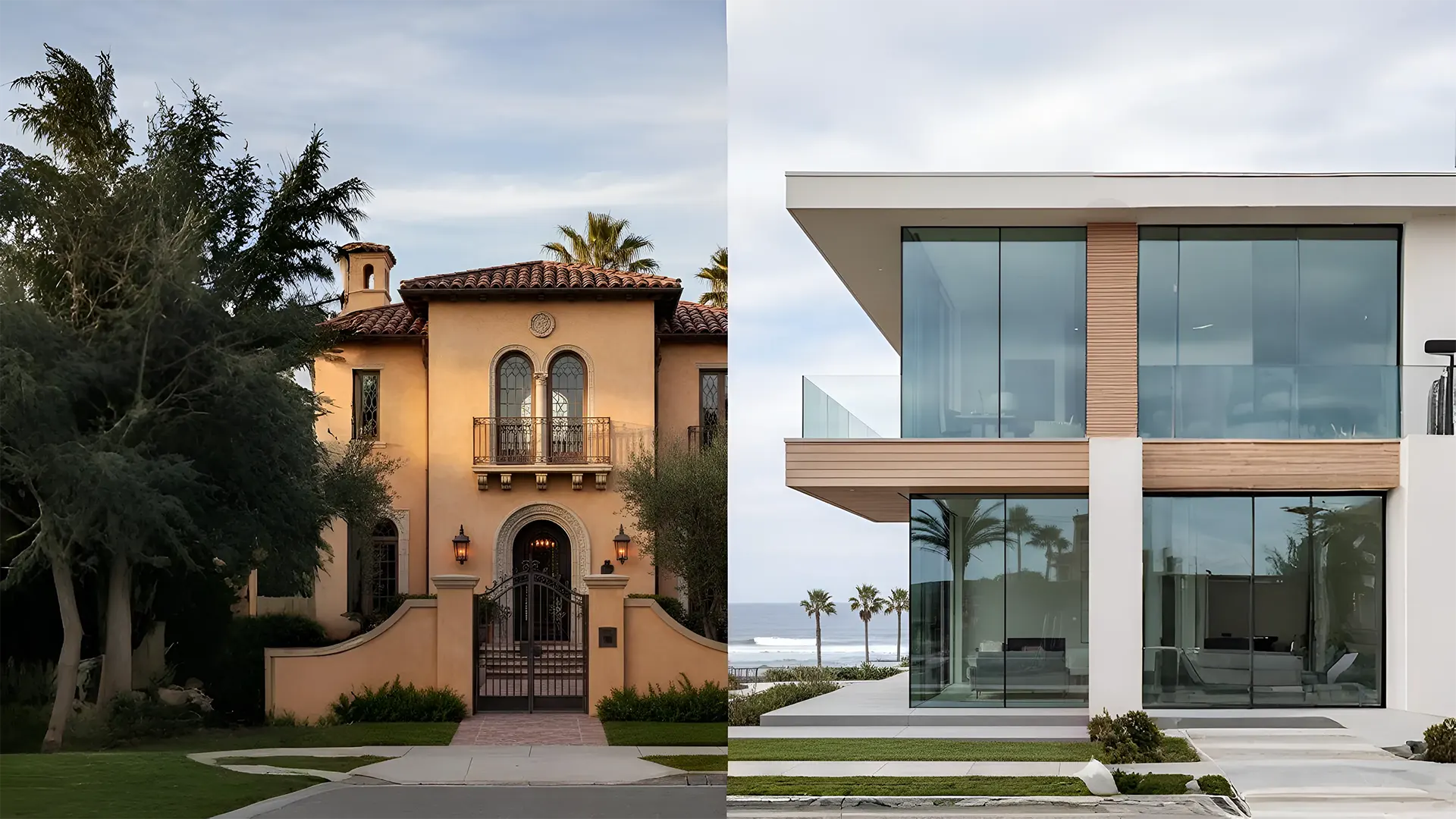 Split image of California homes: Mediterranean-style villa with arched windows and clay tiles, and modern beachfront house with glass walls.