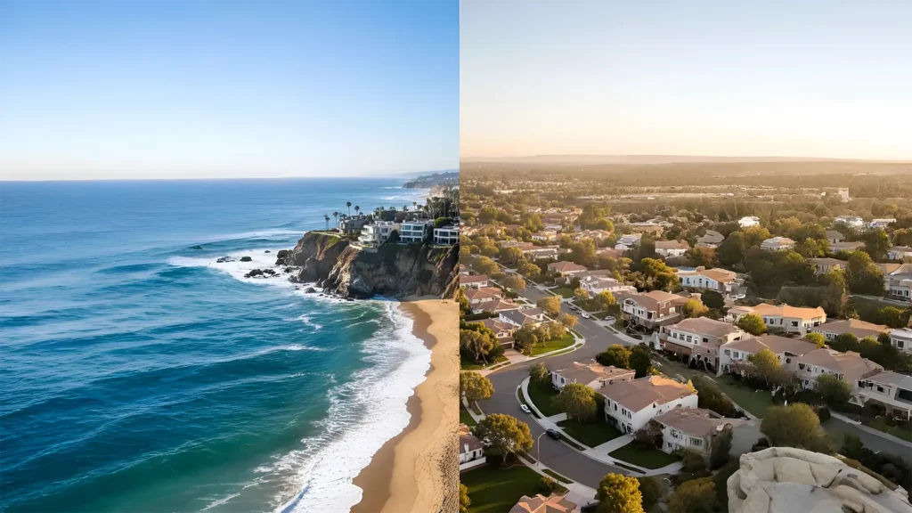 Split image of California scenes: serene ocean coastline with waves and beach, and suburban neighborhood at sunset.