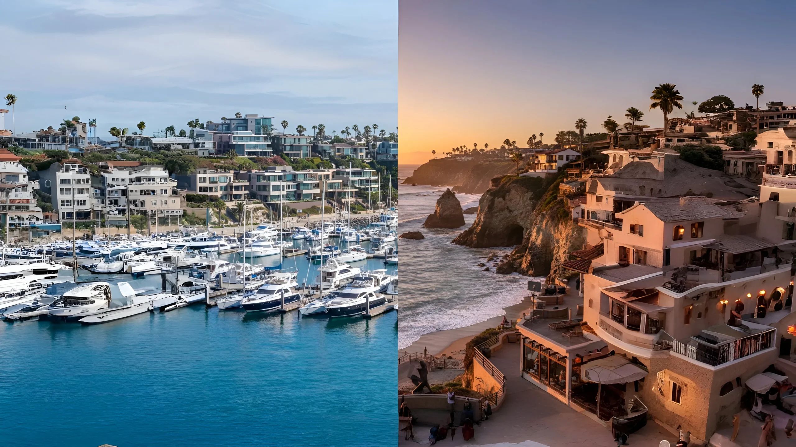 Split image of California scenes: vibrant marina with white boats and modern homes, and coastal cliff at sunset with luxury houses and palm trees.