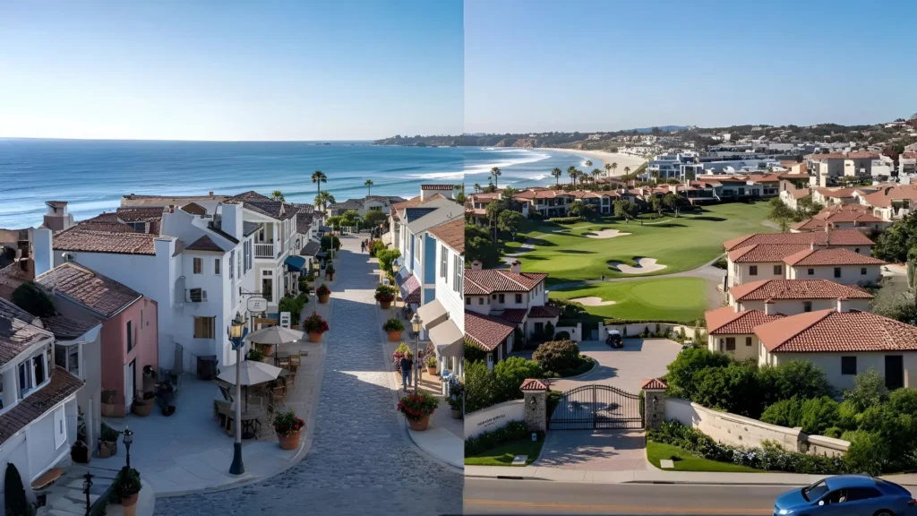 Split image of California scenes: coastal town with narrow streets and pastel houses, and luxury oceanfront golf resort.