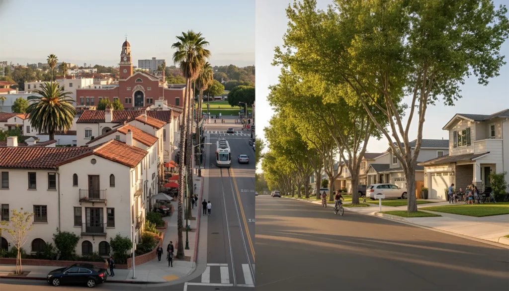 Split image of California urban scenes: historic street with palm trees and church, and quiet suburban street with cyclists and trees.