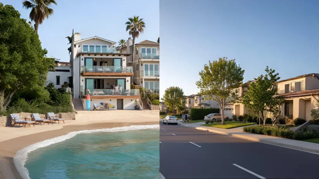 Split image of California scenes: beachfront house with palm trees and blue water, and suburban street with trees and modern homes.