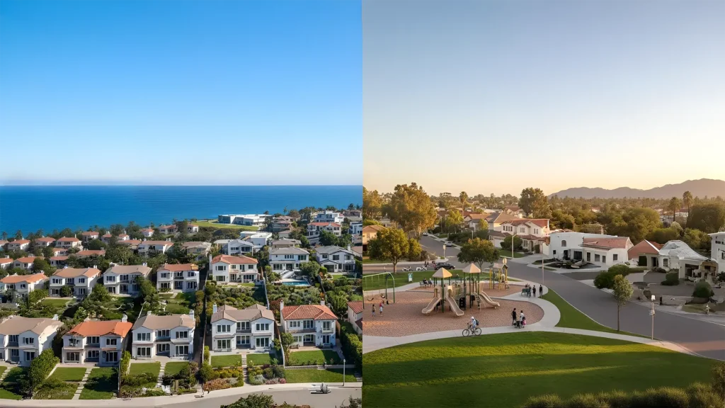 Split image of California coastal neighborhood with ocean views, and suburban area with playground and mountains.