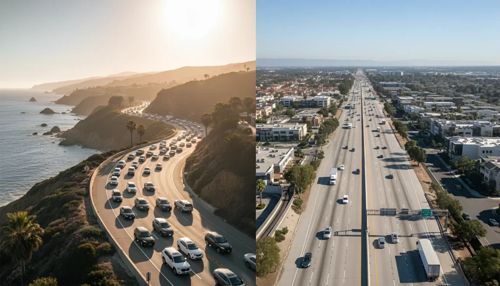 Split image of California highways: scenic coastal road with ocean view and traffic, and urban highway with light traffic under clear skies.