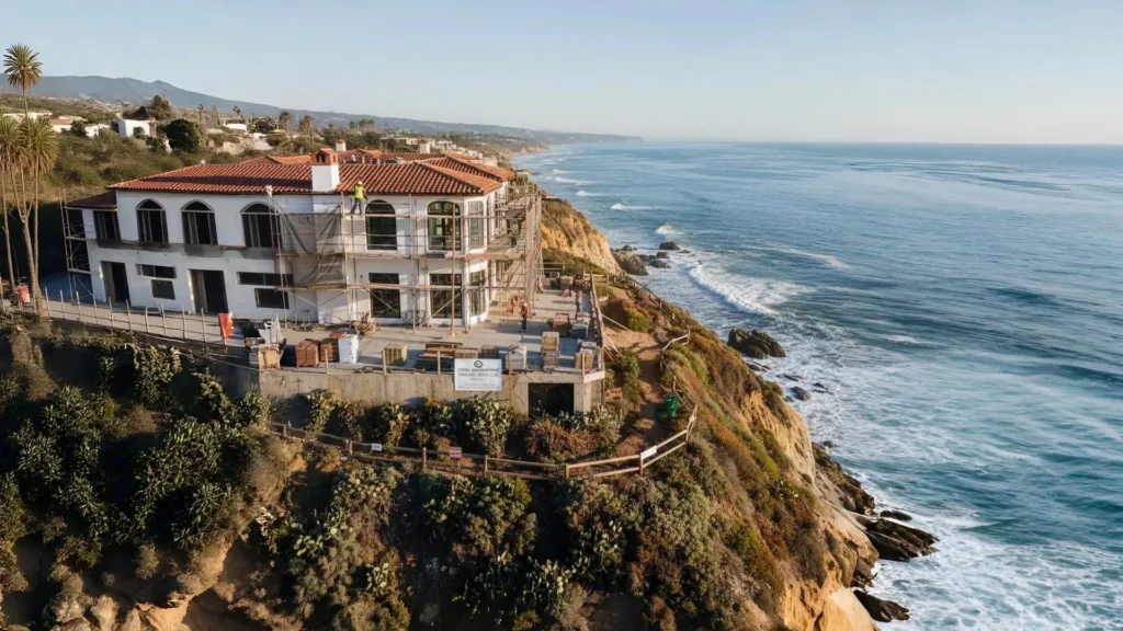 Luxury oceanfront California mansion under construction on a cliff with sea views.