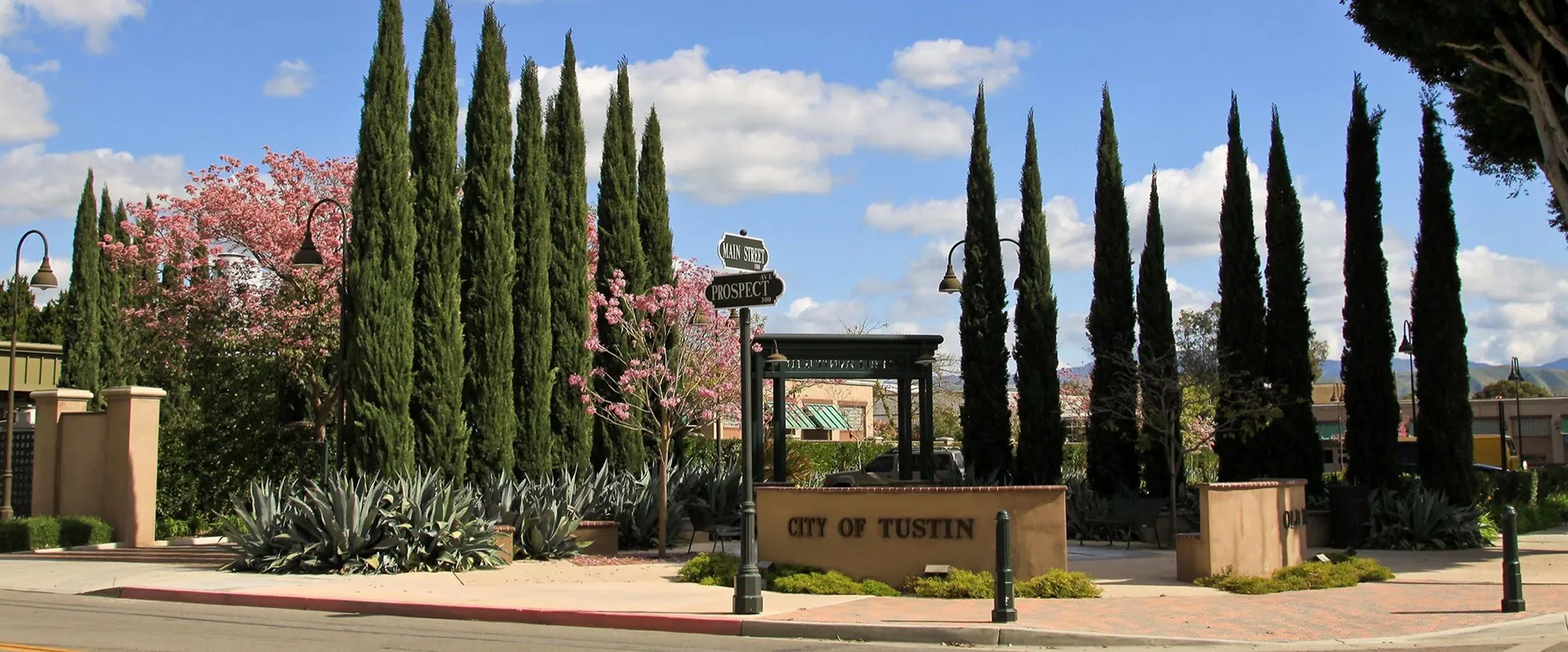 Tustin, California street corner with cypress trees, pink flowers, and City of Tustin sign under clear skies.