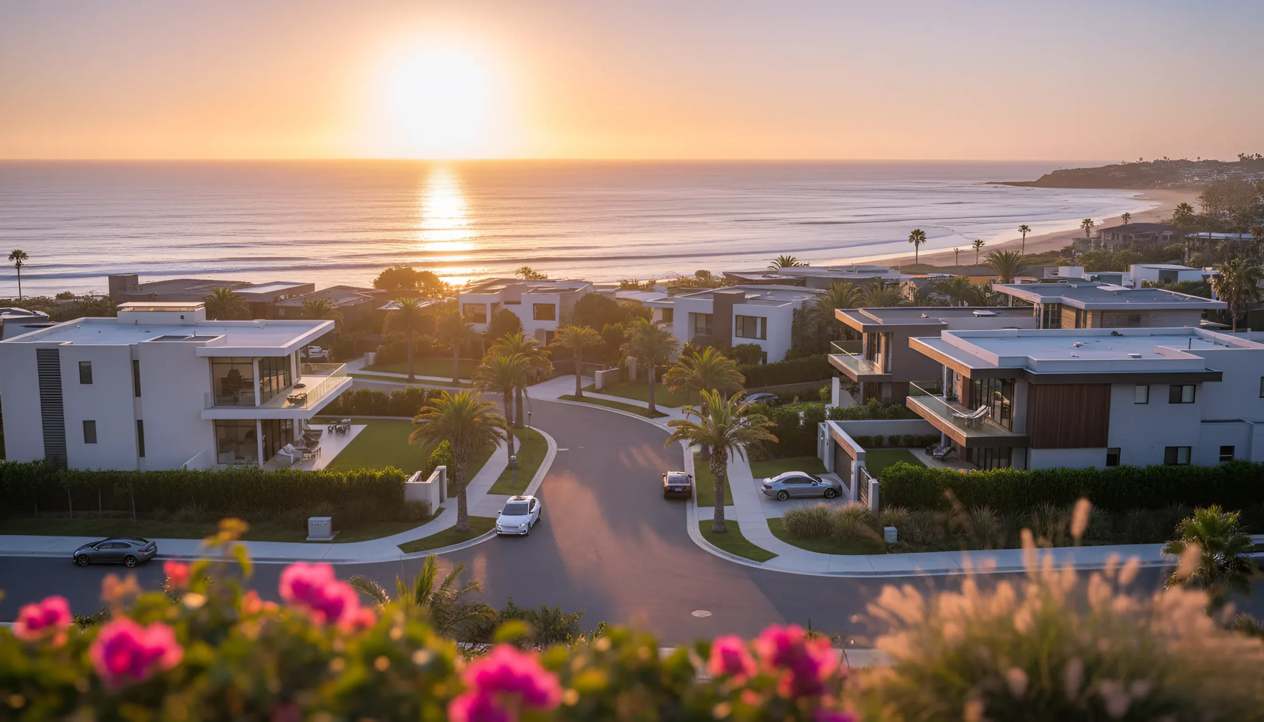 California coastal neighborhood at sunset with modern homes, palm trees, calm waves, and pink flowers.