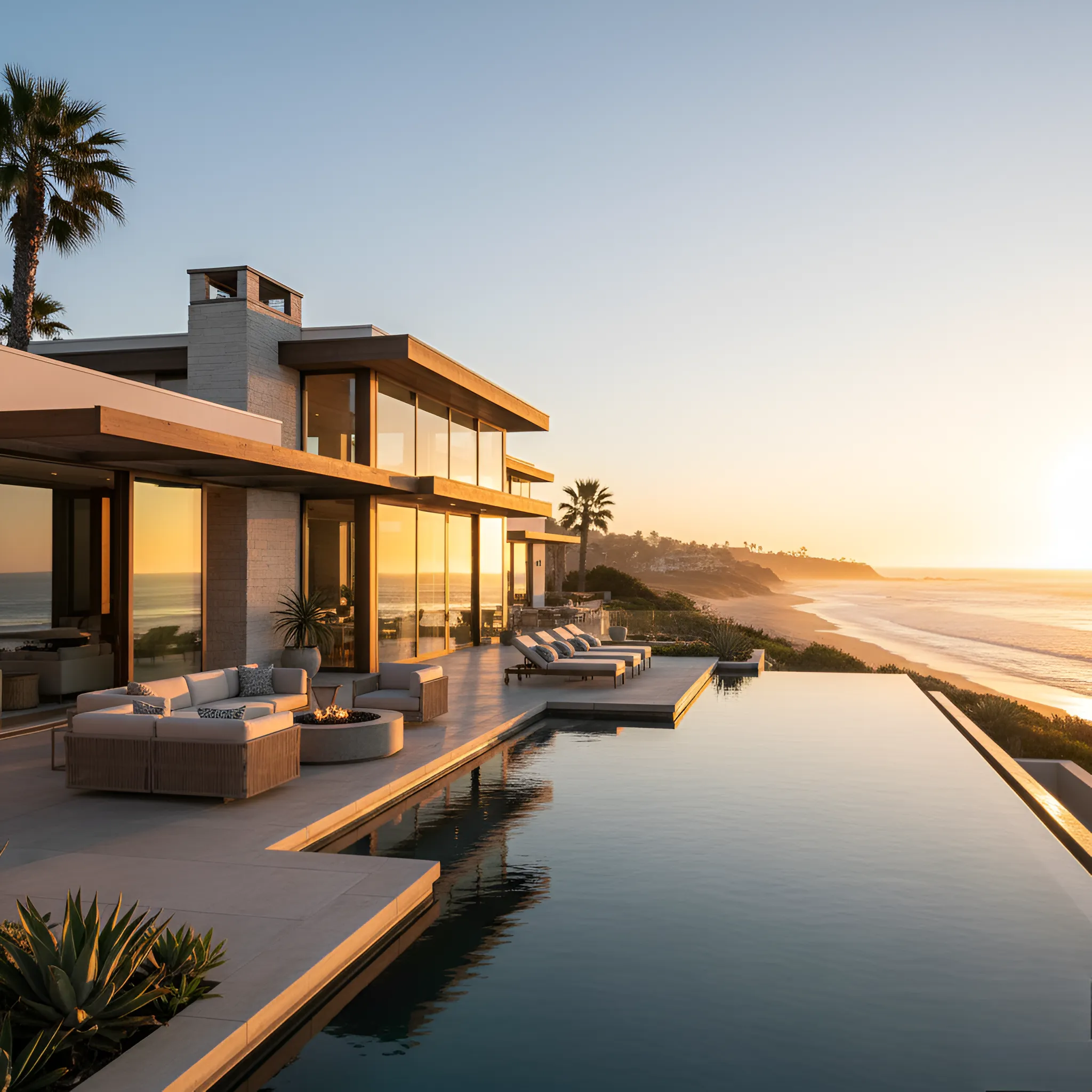 Luxury modern California beachfront home at sunset with glass walls, ocean views, pool, and palm trees.