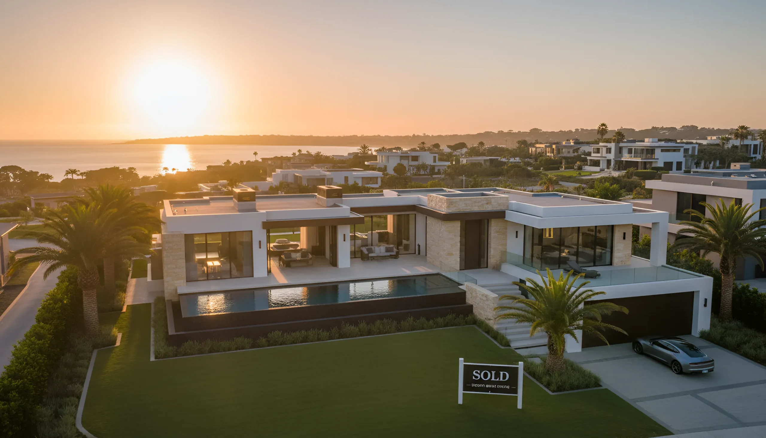California modern luxury oceanfront home at sunset with sleek design, pool, palm trees, and sold sign.