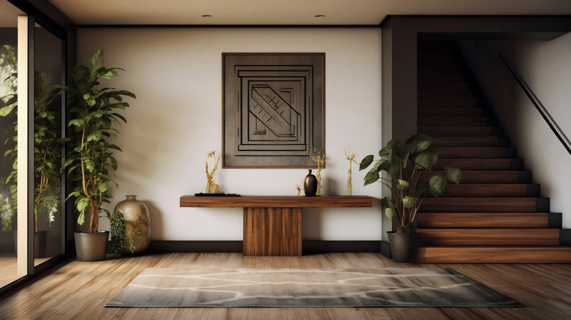 Modern luxury California entryway with wooden console, vases, plants, abstract art, and wooden stairs.