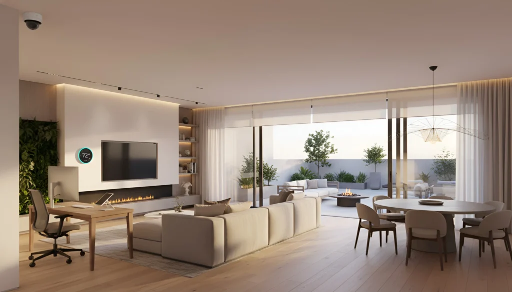 Southern California modern living room with beige sofas, home office desk, and glass doors to a sunlit patio.