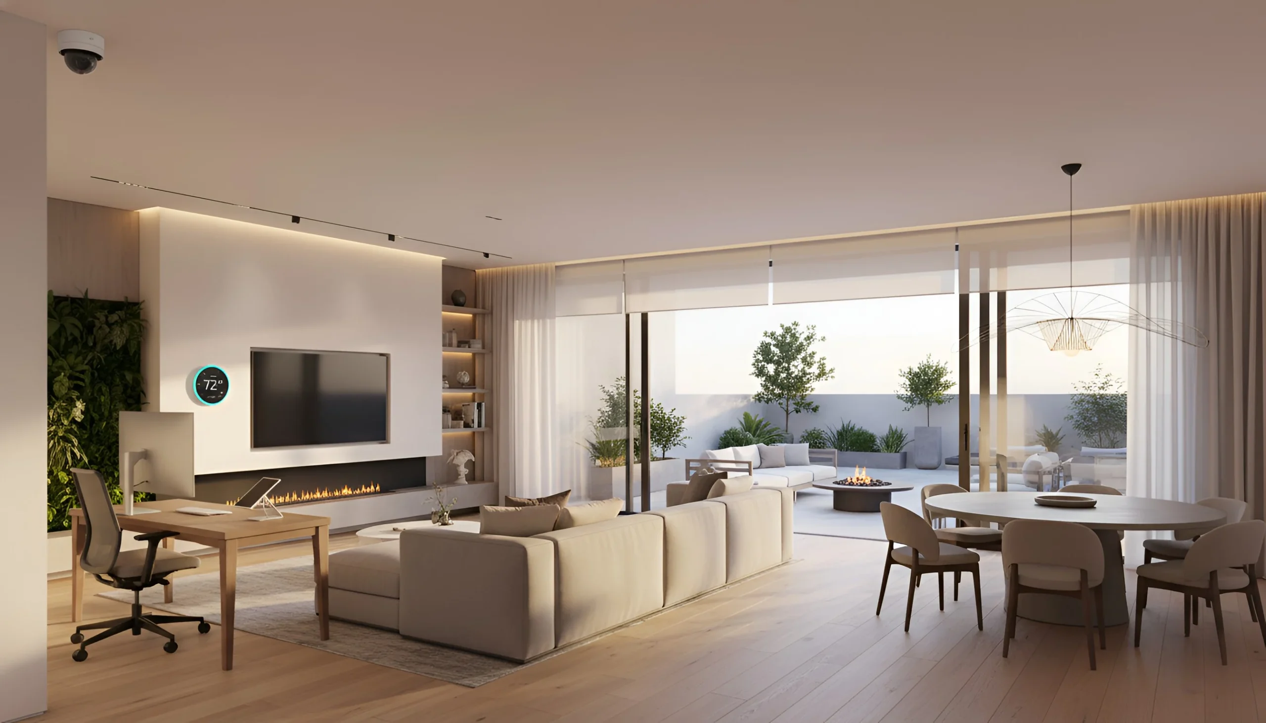 Southern California modern living room with beige sofas, home office desk, and glass doors to a sunlit patio.