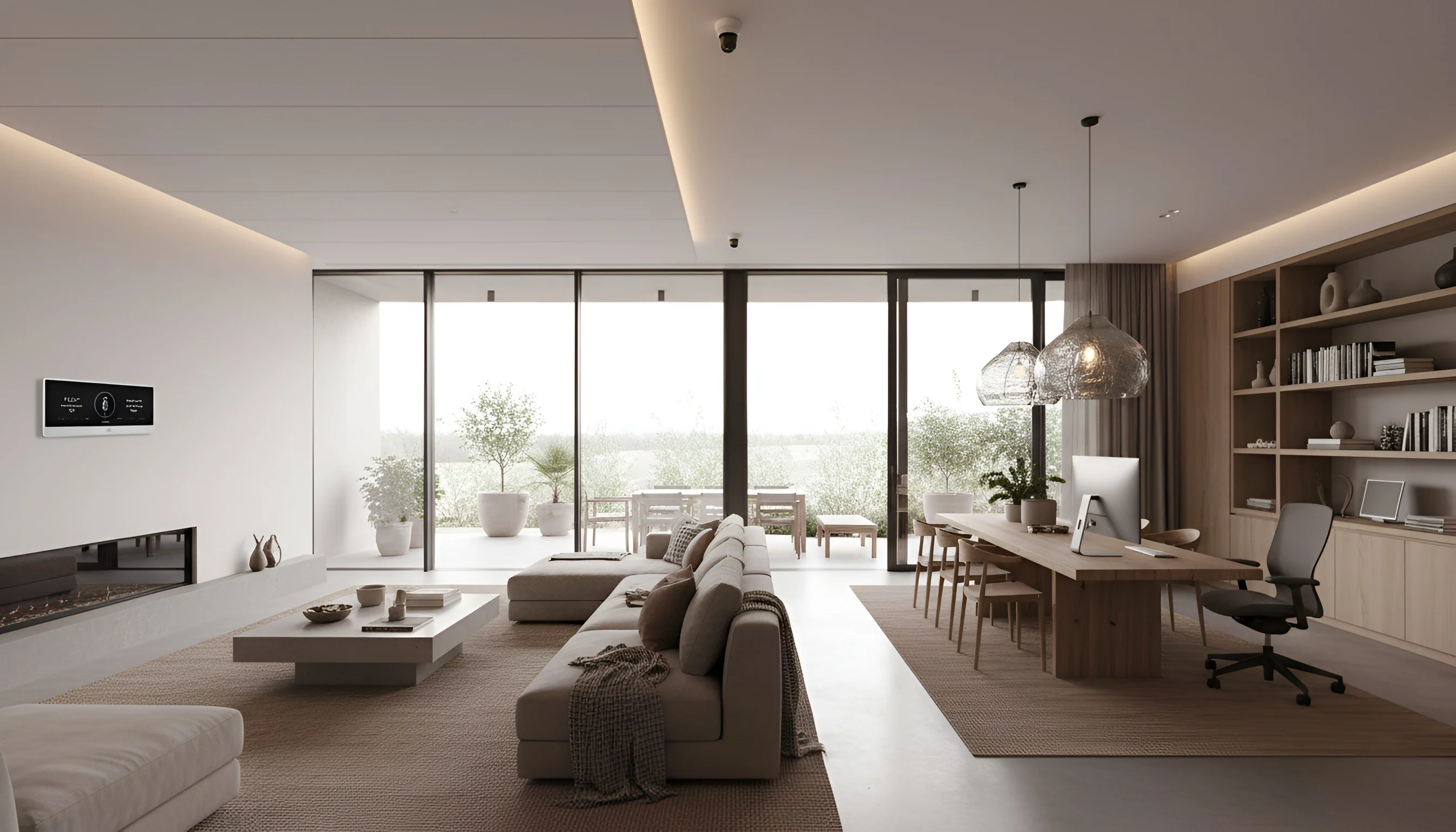 Modern California open-plan living room with neutral decor, sectional sofa, dining area, and home office with garden views.