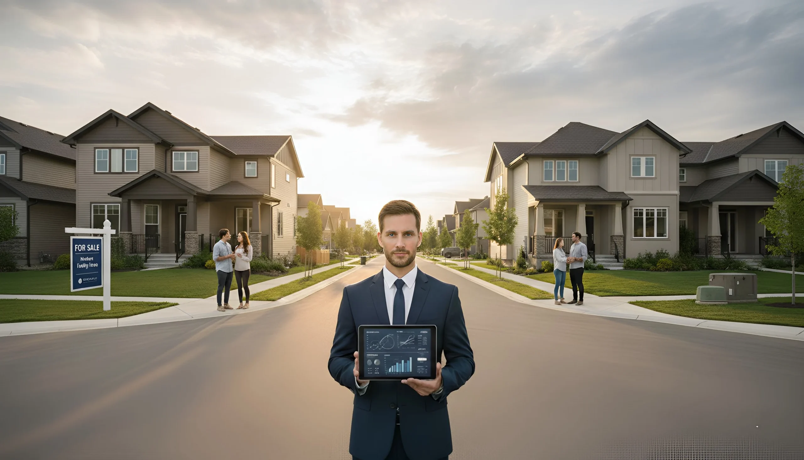 Real estate agent in a Southern California suburban street holding a tablet with charts near a for sale sign.