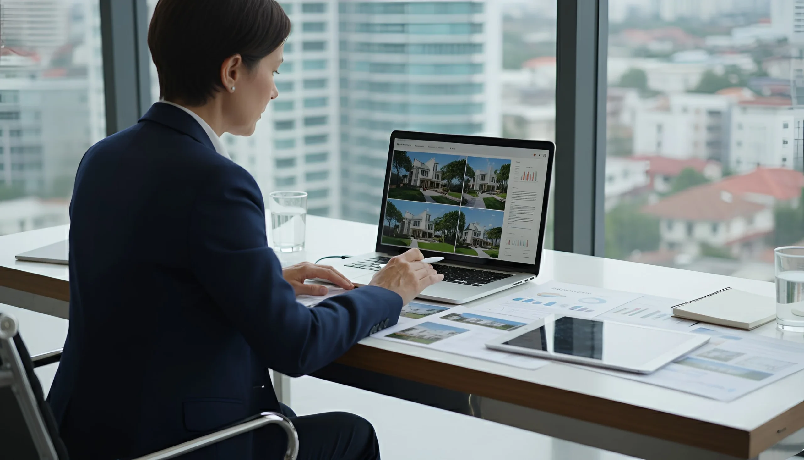 A California real estate professional analyzing property images on a laptop in a modern office with a city skyline view.