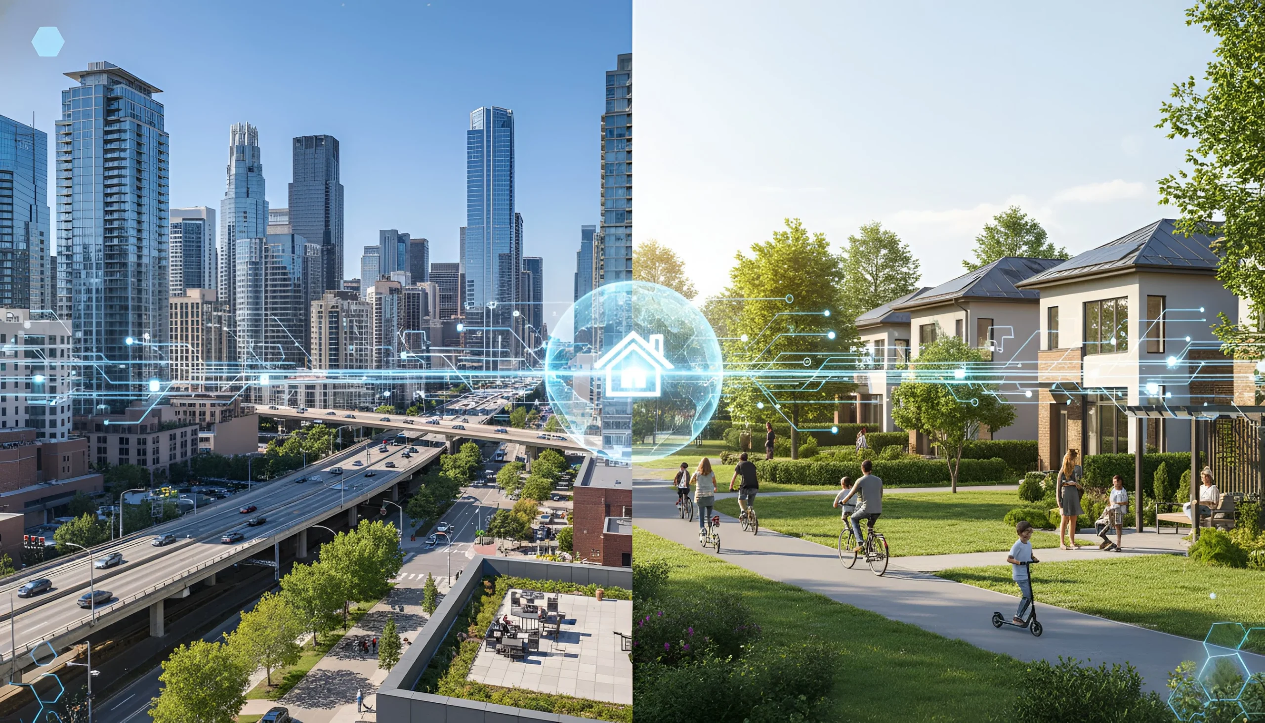 Bustling city skyscrapers and a quiet suburban park connected by a digital smart home icon.
