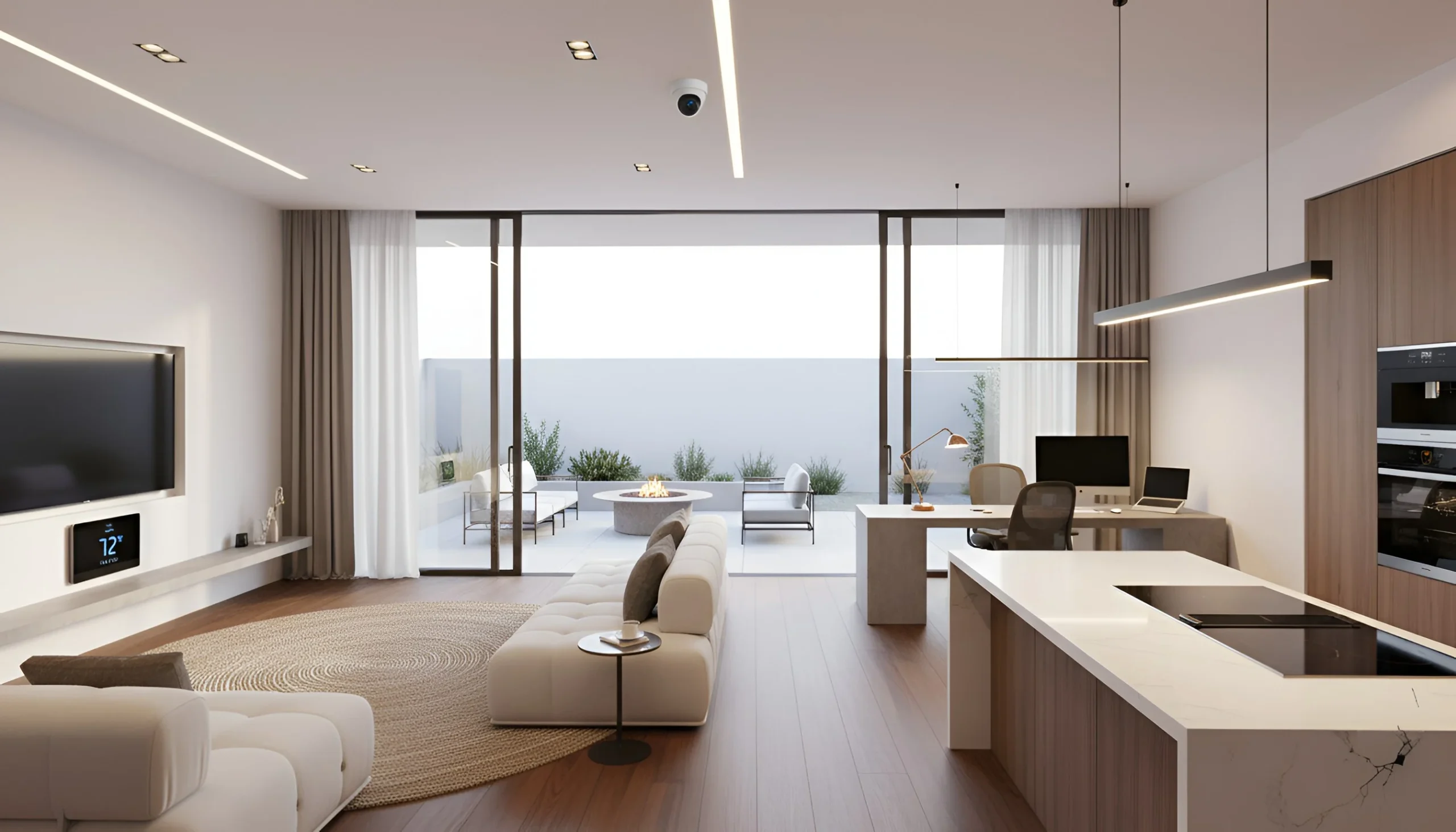 Southern California modern living room and kitchen with white sofas, minimalist island, and sunlit patio.