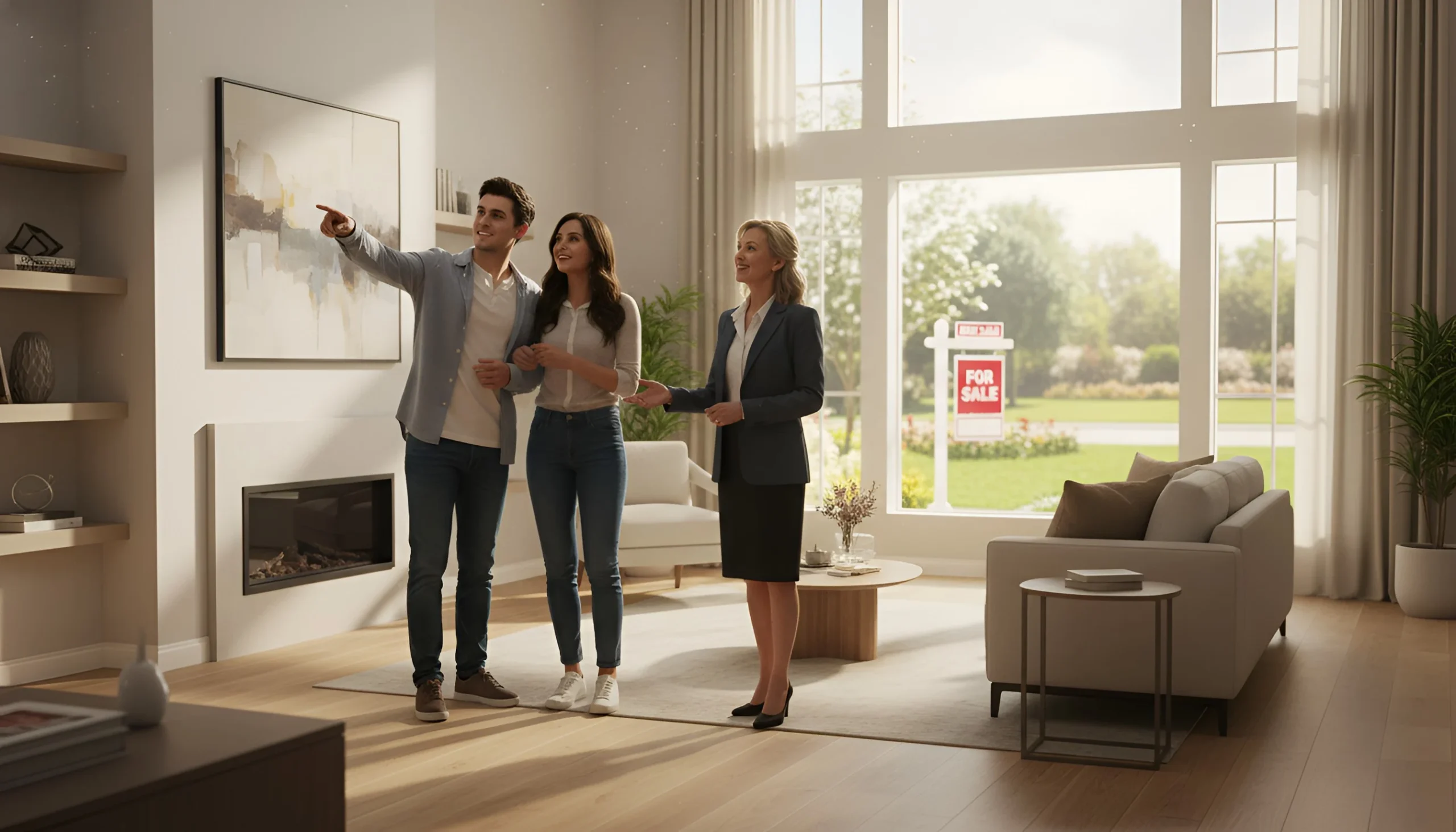 A California realtor showing a modern living room with large windows to a couple, with a "For Sale" sign visible outdoors.