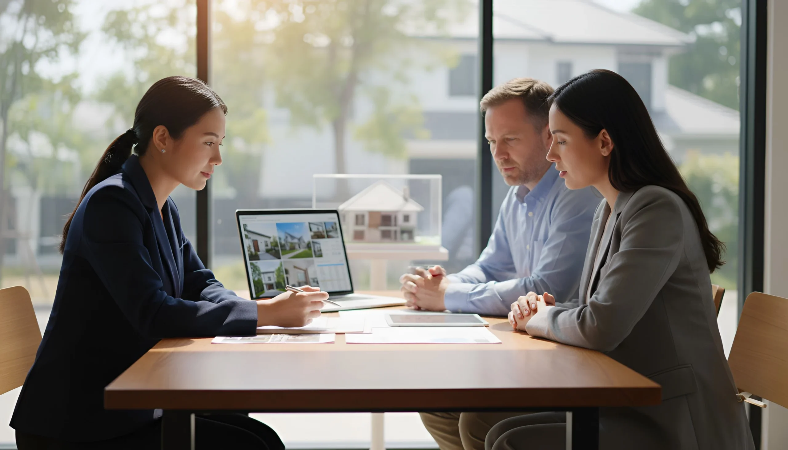 A California real estate agent showing property options on a laptop to a couple in a modern office with a model house.