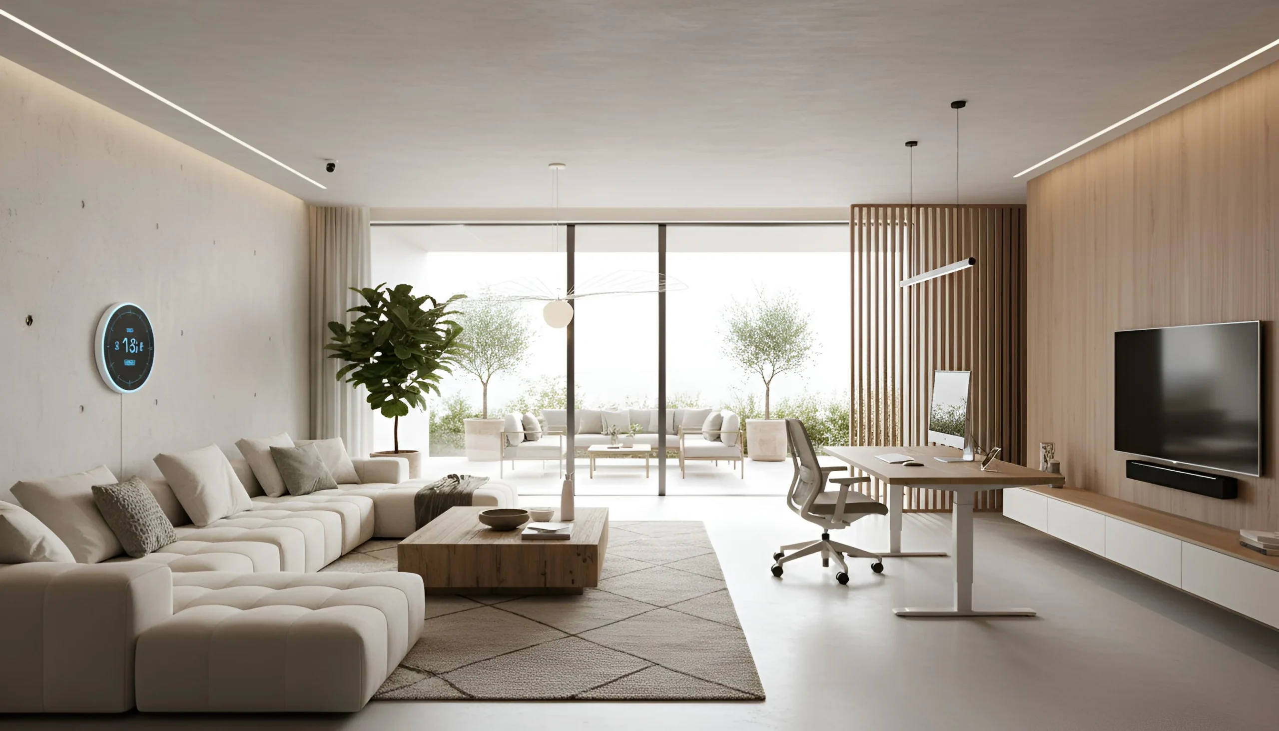 Southern California modern living room with white sectional sofa, wooden coffee table, smart thermostat, and sliding doors to a patio.