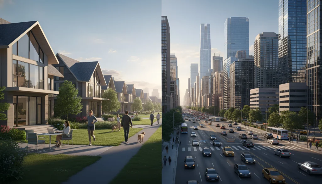 Split-screen view of a California suburban neighborhood on the left and a bustling urban city center on the right.